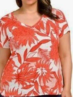 LADIES SIZE XL HALSTON FLORAL SCOOP NECK CAP SLEEVE LINEN SHIRT TOP BLOUSE